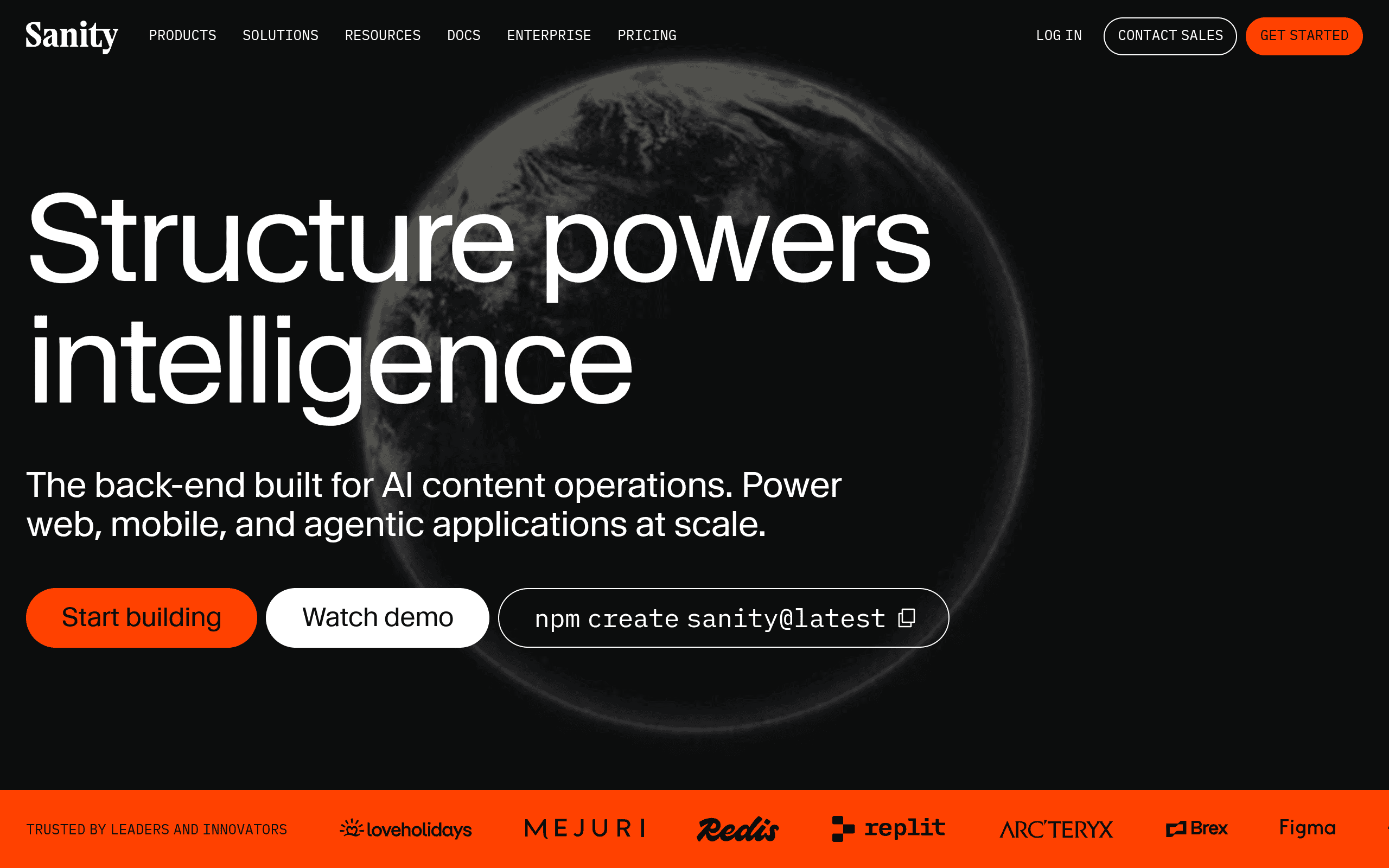 Sanity.io homepage screenshot. Headless CMS used as the content layer behind a Next.js front end on jamstack treatment-center builds.