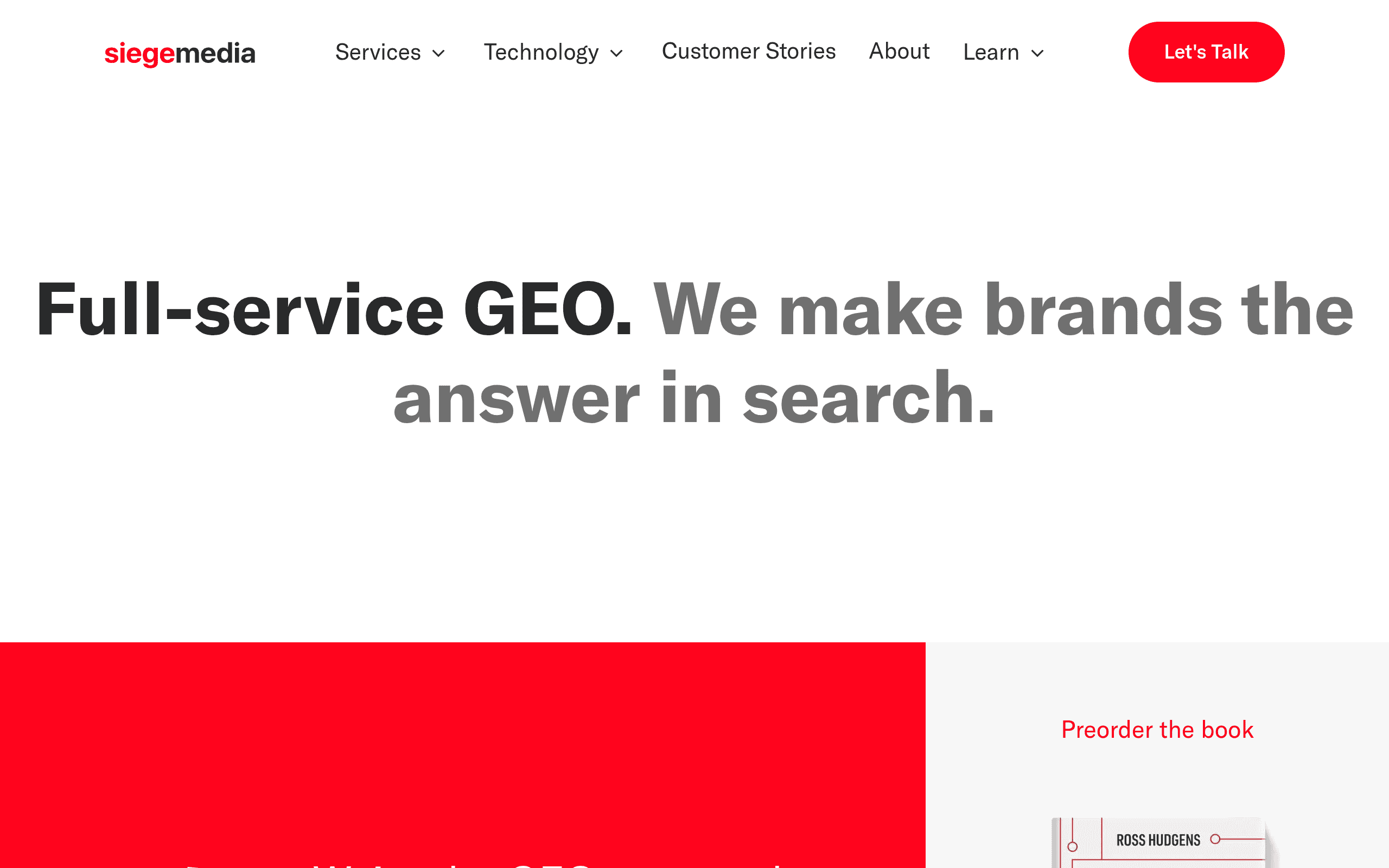 Siege Media homepage screenshot. Content marketing agency combining editorial craft with link-building outcomes.