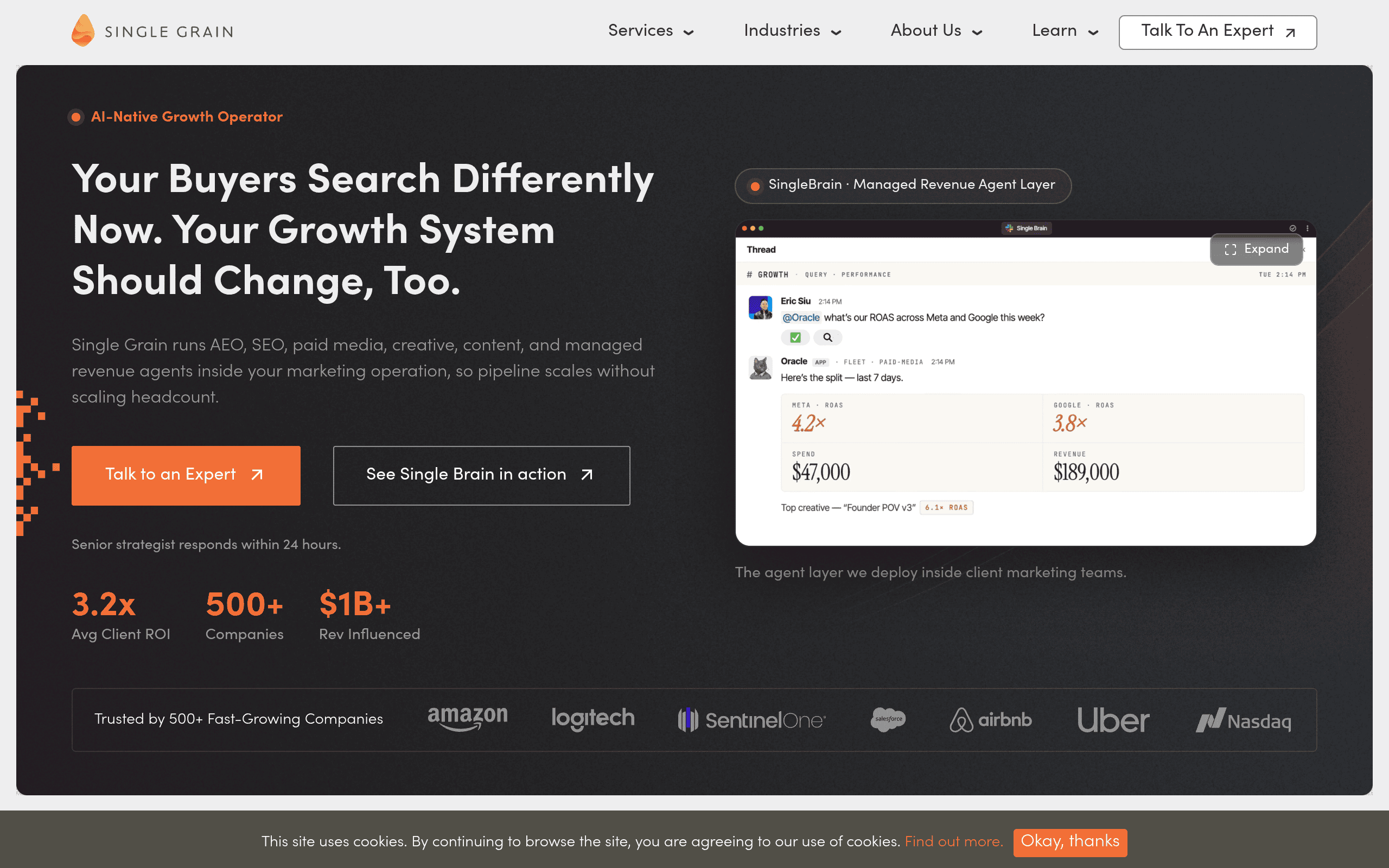 Single Grain homepage screenshot. Digital marketing agency with content as part of broader growth marketing portfolio.
