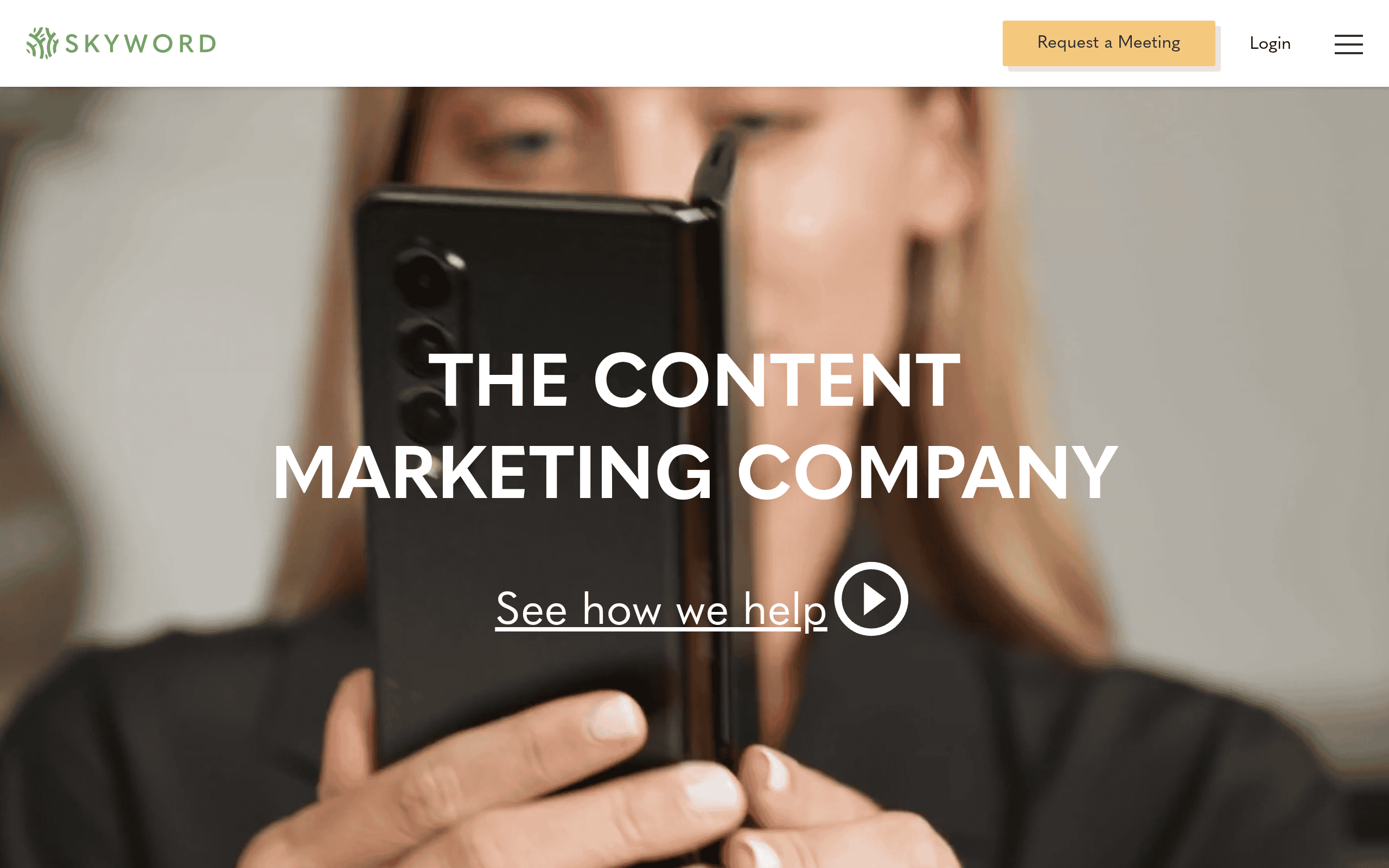 Skyword homepage screenshot. Enterprise content marketing platform pairing technology with editorial services.