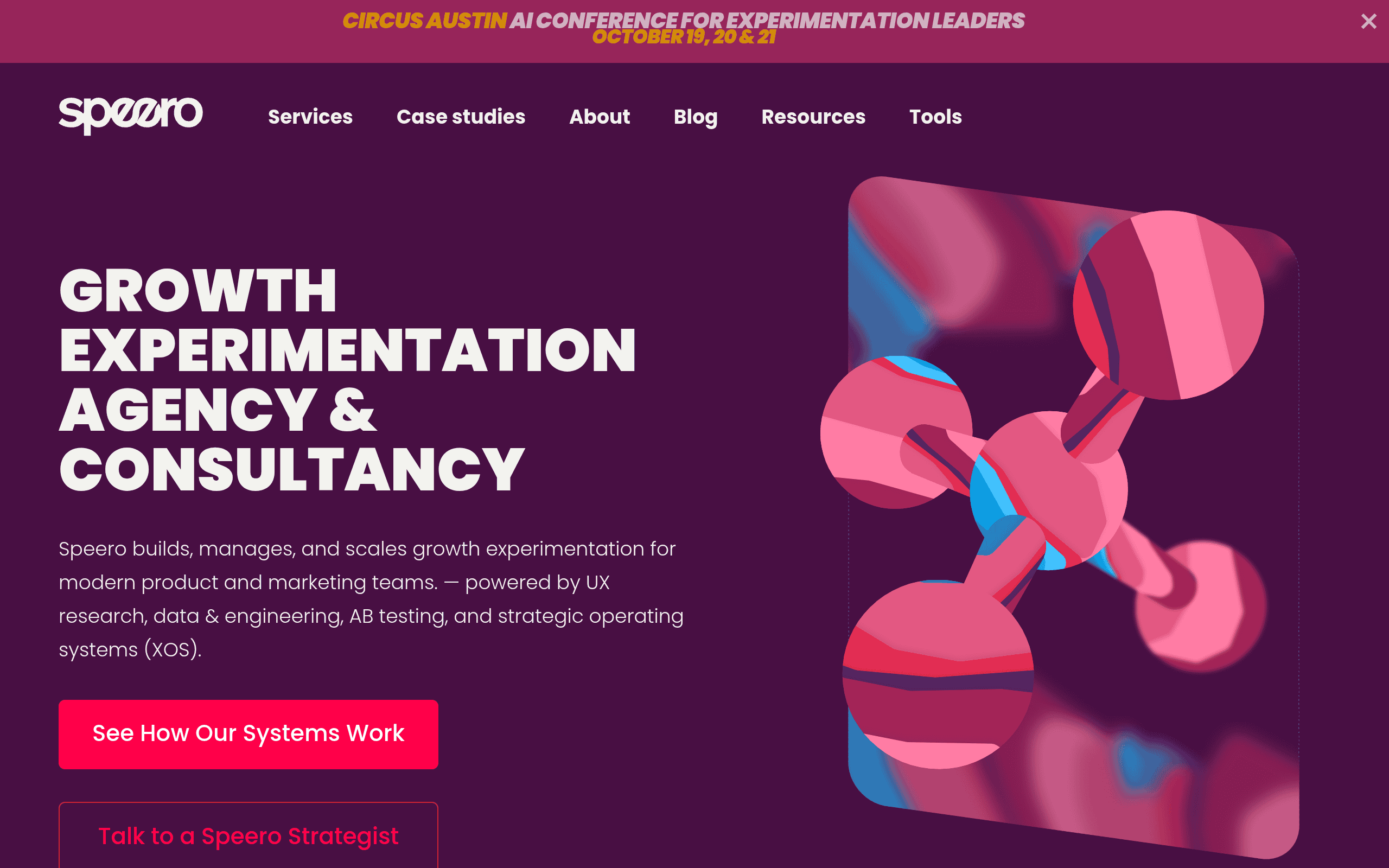 Speero homepage screenshot. CRO agency offshoot of the CXL training organization, known for methodology rigor and analytical depth.