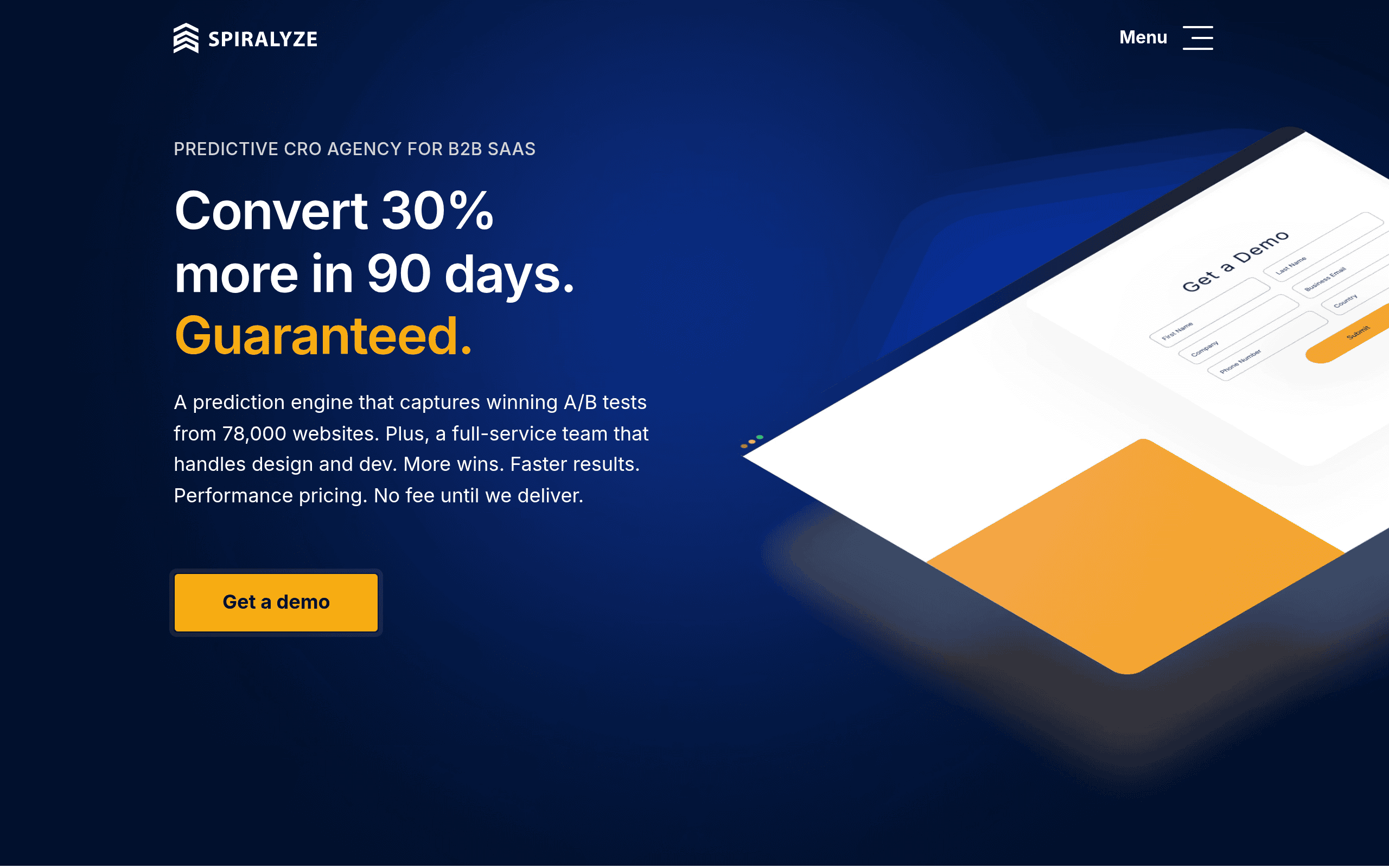 Spiralyze homepage screenshot. CRO agency operating on testing-heavy methodology with strong proprietary test infrastructure and high test velocity.