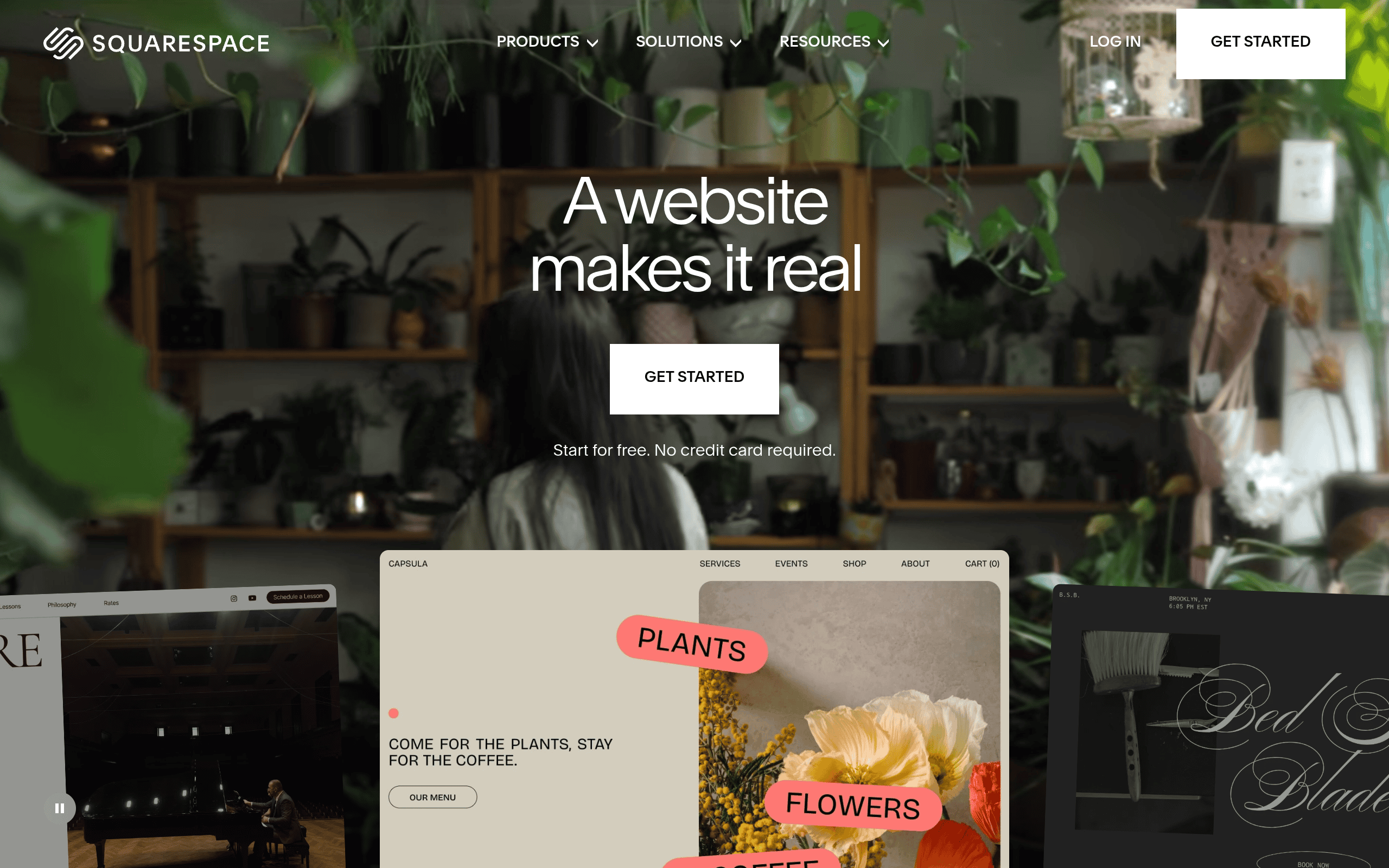 Squarespace homepage screenshot. Closed-platform website builder with strong design templates but limited SEO and HIPAA flexibility for treatment center websites.
