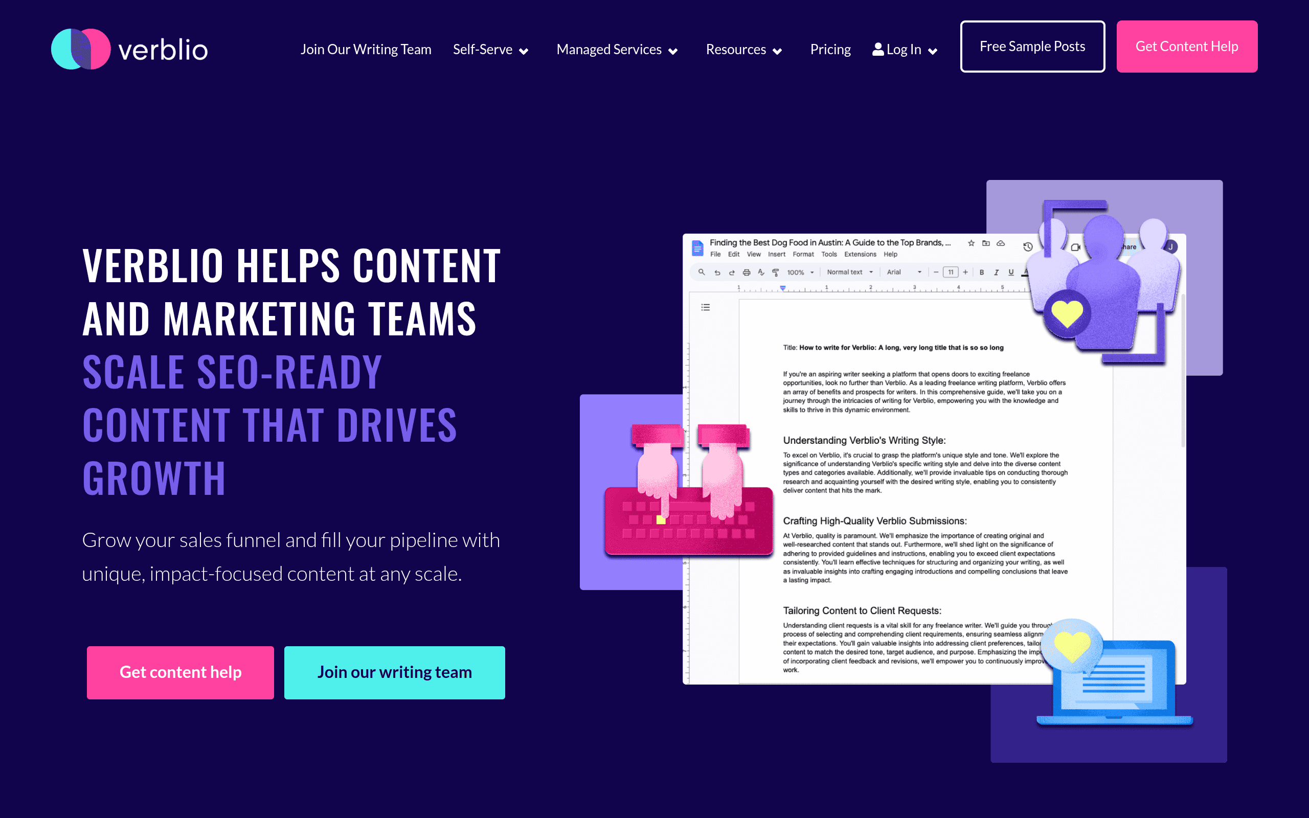 Verblio homepage screenshot. Content production marketplace pairing freelance writers with brands needing volume content.