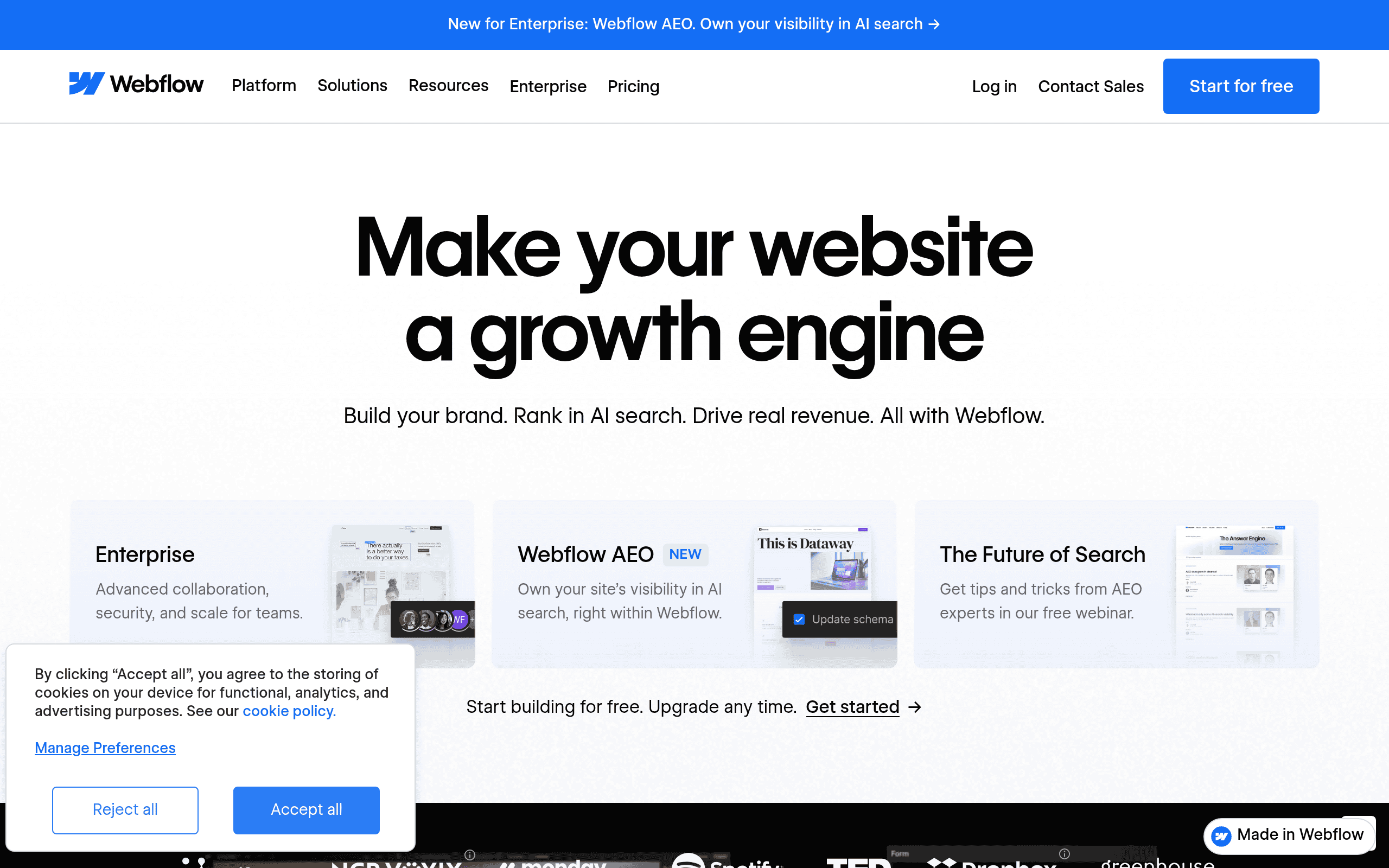 Webflow homepage screenshot. Design-flexible visual development platform for treatment center brands with heavy brand investment.