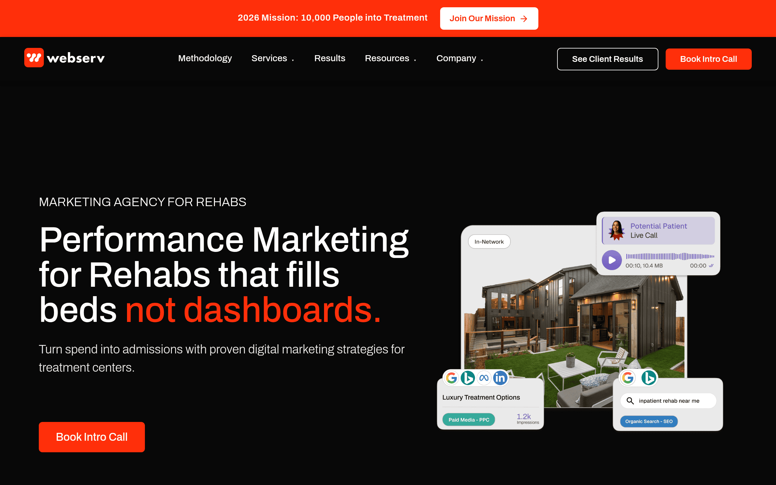 Webserv homepage screenshot. Custom WordPress subdomain landing page builds for rehab paid media at scale.
