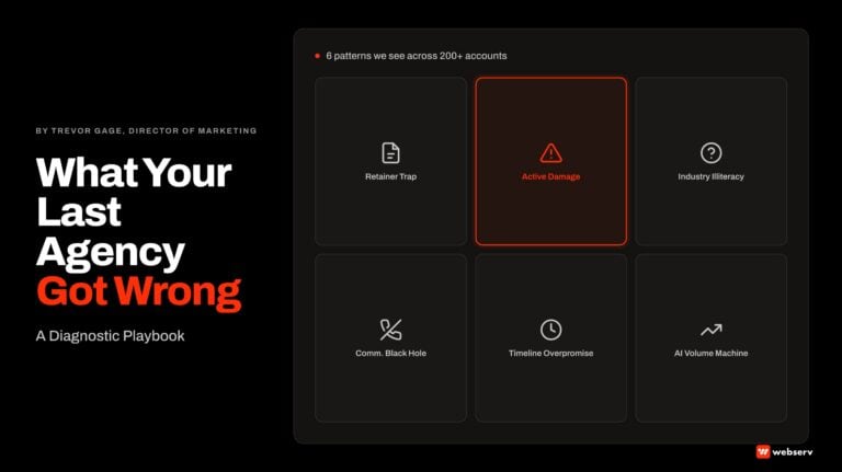 What Your Last Agency Got Wrong, a diagnostic playbook for treatment center operators. The article catalogs six failure patterns Webserv has seen across two hundred treatment center marketing accounts: the retainer trap, active damage, industry illiteracy, the communication black hole, the timeline overpromise, and AI content as a volume machine.