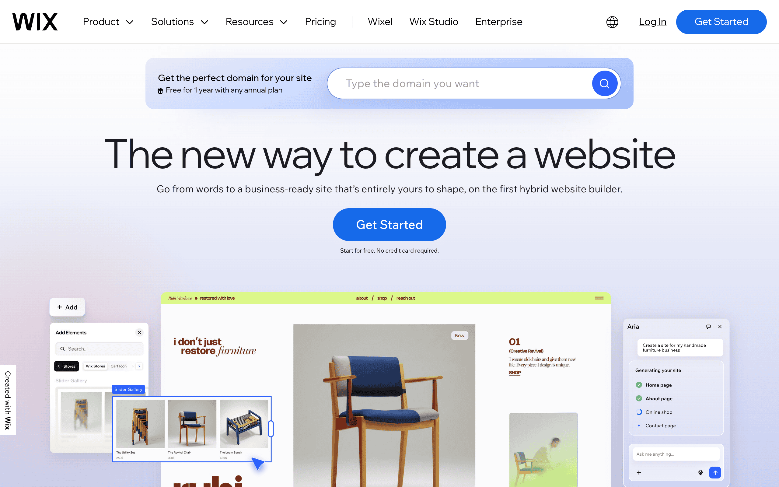 Wix homepage screenshot. Drag-and-drop website builder with growing CMS capabilities but limited SEO control and HIPAA posture for treatment centers.