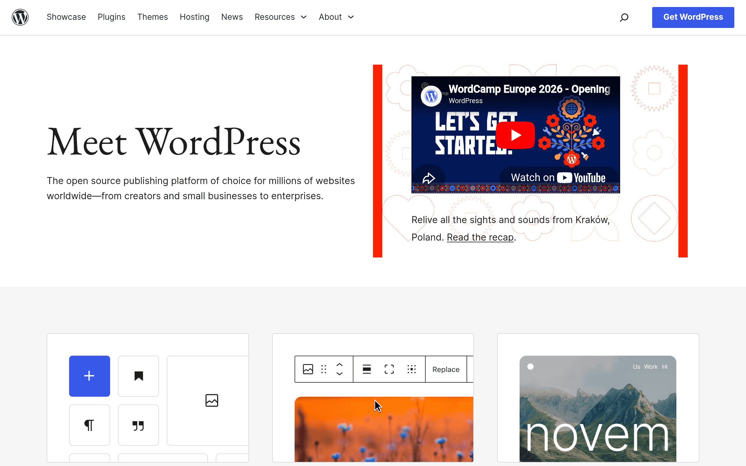 WordPress.org homepage screenshot. Open-source CMS powering ~43% of the public web, dominant choice for treatment center websites on HIPAA-eligible hosting.