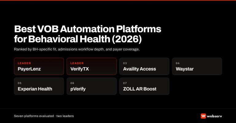 Best VOB Automation Platforms for Behavioral Health 2026: ranked grid preview of the seven platforms Webserv evaluated for BH admissions teams, with PayerLenz and VerifyTX marked as leaders. Featured image for the Jim Malcom buyers guide.