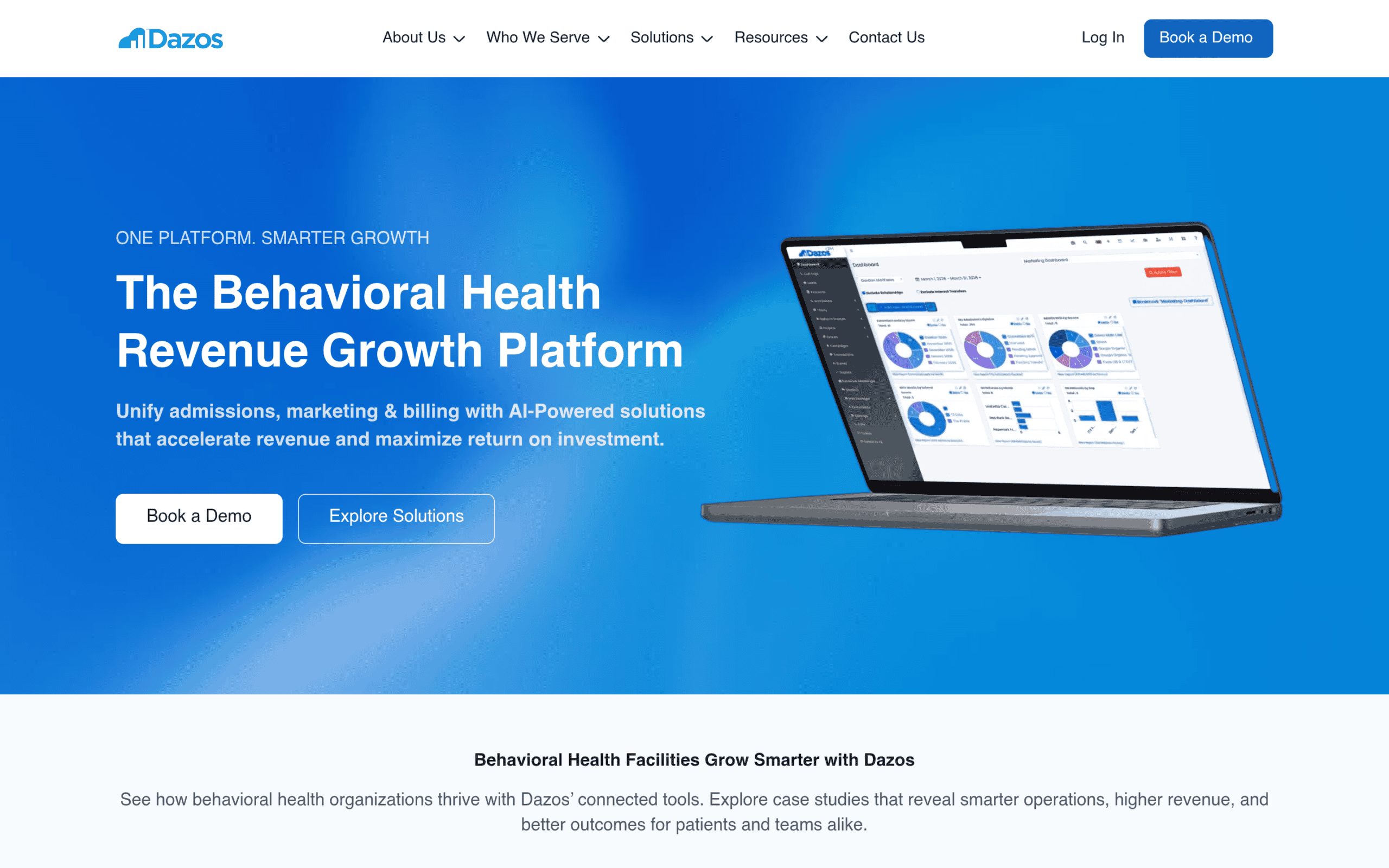 Homepage screenshot of Dazos, a behavioral-health-native CRM built for treatment center admissions workflows including VOB tracking and CTM call integration.