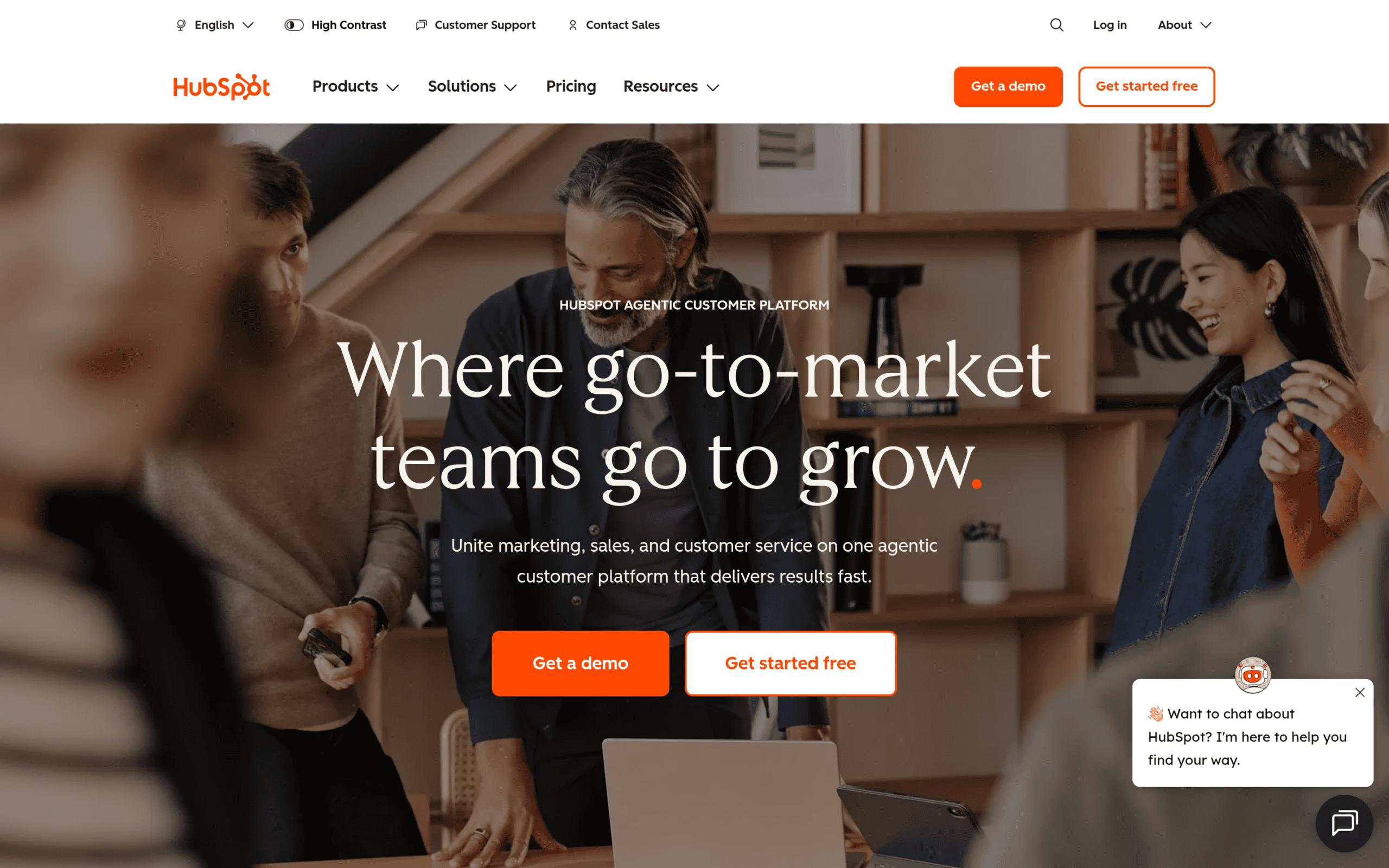 Homepage screenshot of HubSpot, a general-purpose CRM adapted by small-to-mid-size treatment centers for coordinator ergonomics and field-usage data hygiene.