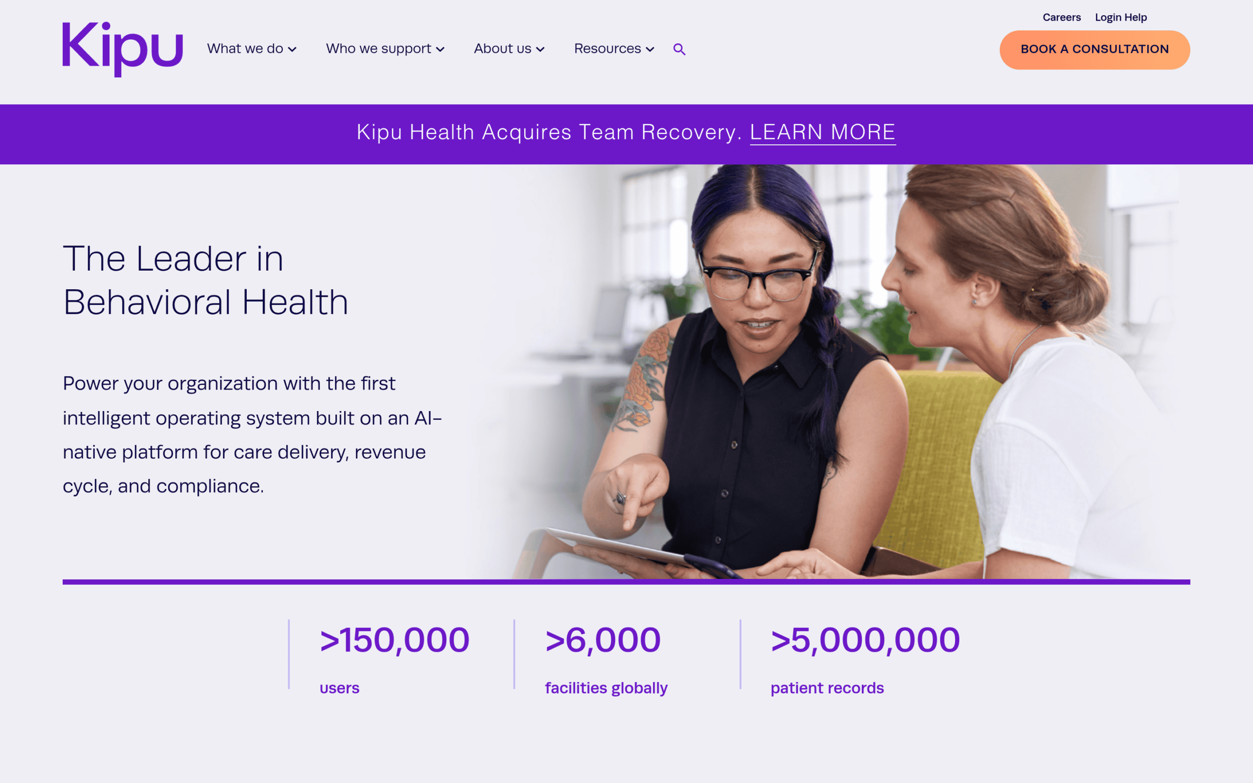 Homepage screenshot of Kipu, a behavioral-health EHR with an integrated CRM component used by treatment centers already running on the Kipu clinical ecosystem.