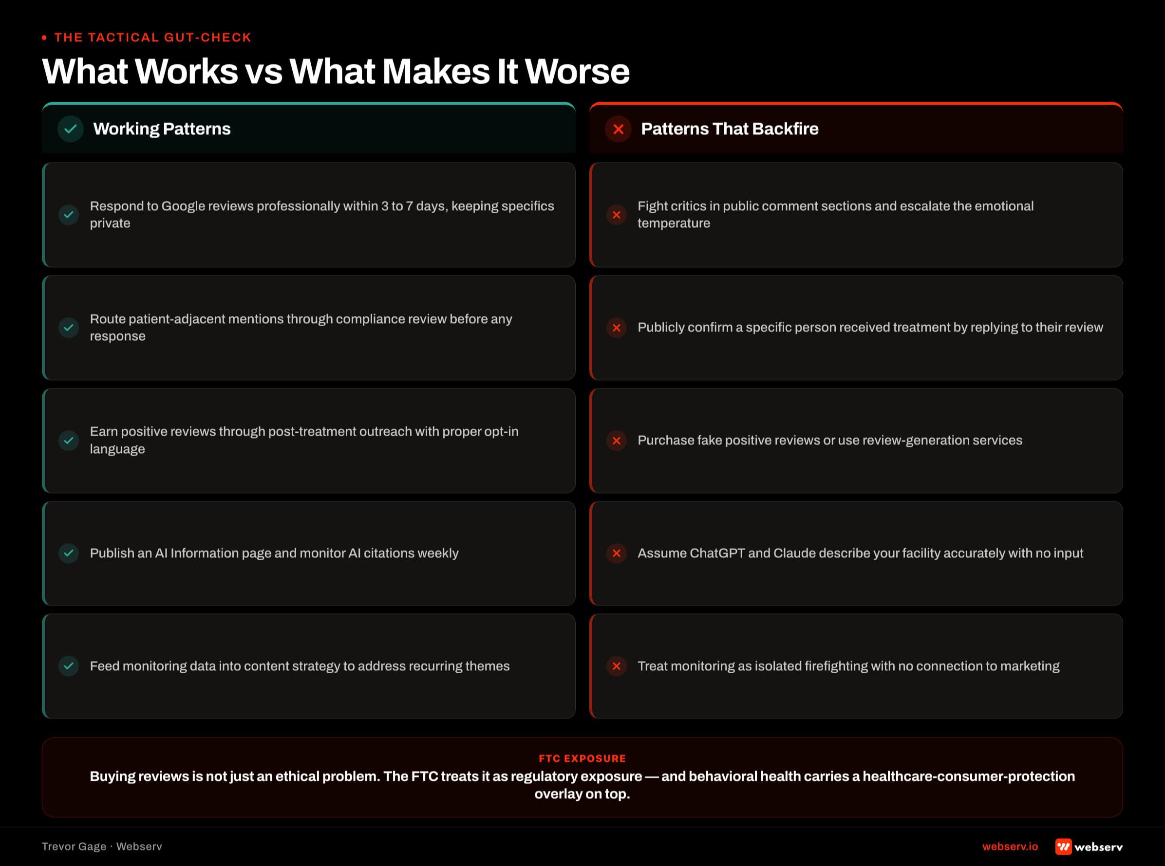 Side-by-side comparison for treatment center brand mention response patterns, working behaviors including named clinical response, compliance-cleared corrections, and content-strategy feedback loops versus patterns that backfire including public arguments with reviewers, fake reviews, and dark PR.
