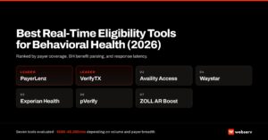 Best Real-Time Eligibility Tools for Behavioral Health 2026: ranked grid preview of the seven tools evaluated for BH admissions teams. Featured image for the Jim Malcom buyers guide, with cost banner $500-$5,000 per month.