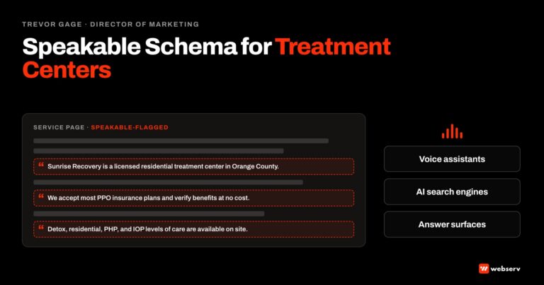Featured image for the Speakable schema for treatment centers article. Service page mockup with 3 highlighted quotable sentences on the left, and voice output waves radiating to AI voice assistants on the right.