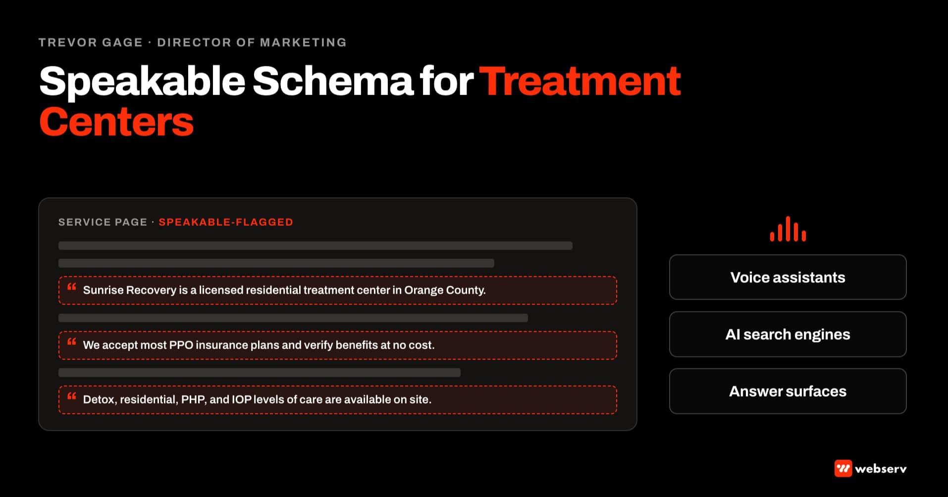 Featured image for the Speakable schema for treatment centers article. Service page mockup with 3 highlighted quotable sentences on the left, and voice output waves radiating to AI voice assistants on the right.