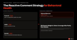 Featured image for the reactive comment strategy for behavioral health article. Source-request platform icons delivering deadline-stamped journalist queries, arrow from a clinician headshot with credential card into a published article headline about BH expert commentary.