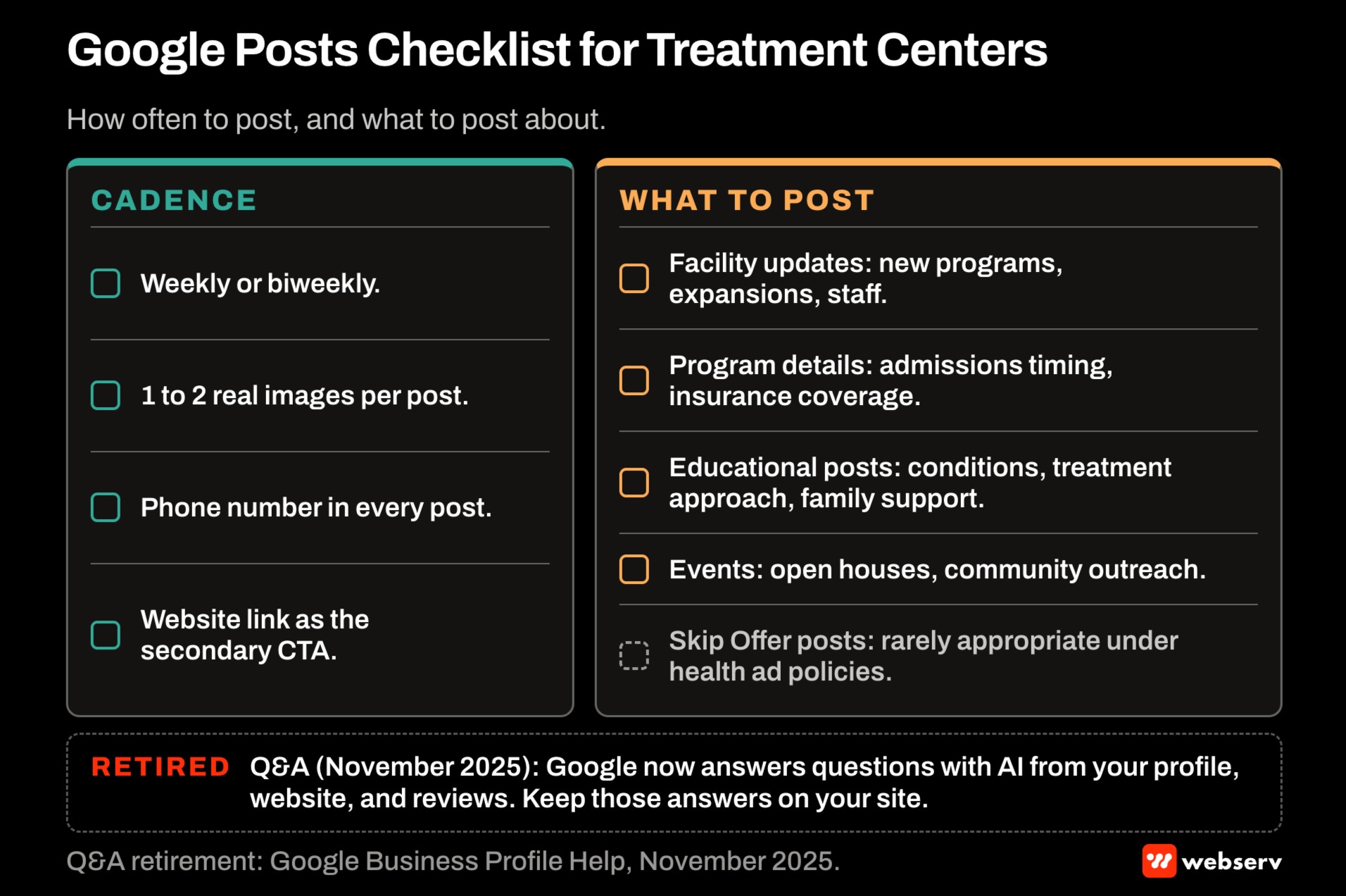 Google Posts checklist for treatment centers: weekly or biweekly posts with real images and a phone number, covering facility updates, program details, education, and events, with a note that GBP Q and A was retired in November 2025.