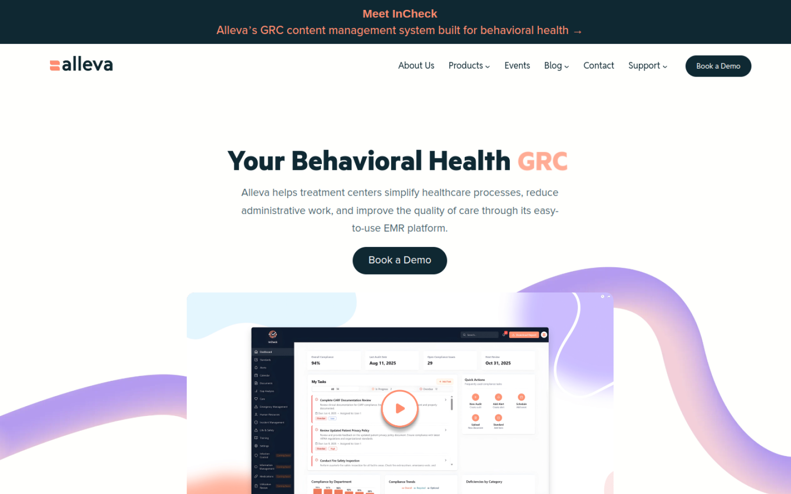 Homepage screenshot of Alleva, a behavioral health EHR whose CRM+ add-on handles admissions lead tracking, referral sources, and instant VOB.