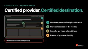 LegitScript-compliant landing page for treatment center paid campaigns: a wireframe showing the facility's physical address, specific services, photos of its own facility, and no misrepresented scope or location, on a domain disclosed to LegitScript.