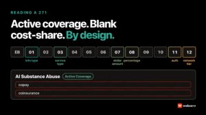 How to read a 271 eligibility response for behavioral health: the EB segment elements that carry benefit detail, and a response showing active coverage for substance abuse with blank copay and coinsurance, which CORE rules leave to payer discretion.