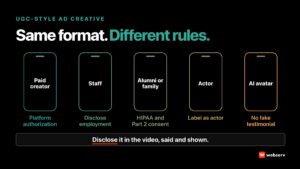 UGC-style ad creative for treatment centers: five phone-frame outlines for paid creators, staff, alumni or family, actors, and AI avatars, each with its key requirement, under the rule that disclosures belong in the video, both said and shown.