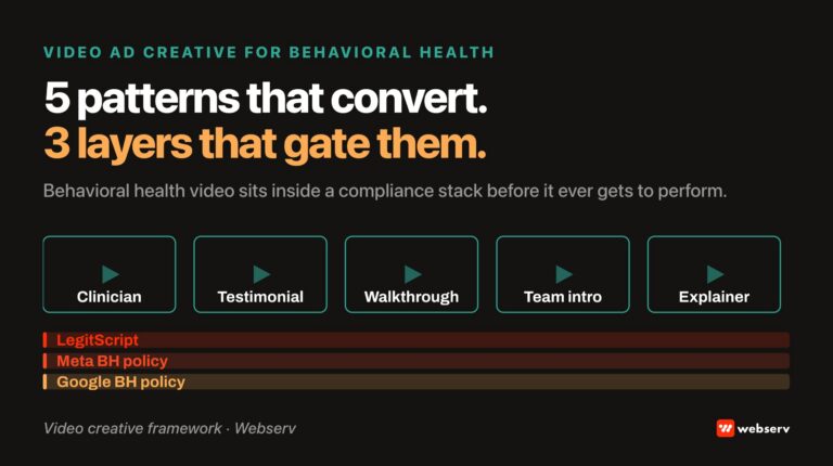 Video ad creative for behavioral health treatment centers — the compliant-first production discipline that produces performance without triggering LegitScript, Meta behavioral health policy, or Google Ads healthcare policy rejections.