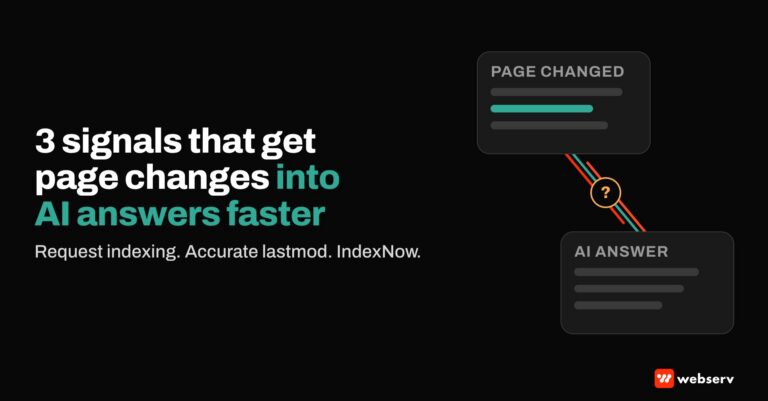Featured graphic titled 3 signals that get page changes into AI answers faster, with the line Request indexing, Accurate lastmod, IndexNow. A changed page card connects to an AI answer card by three colored lines, with a clock and question mark for the unknown lag.