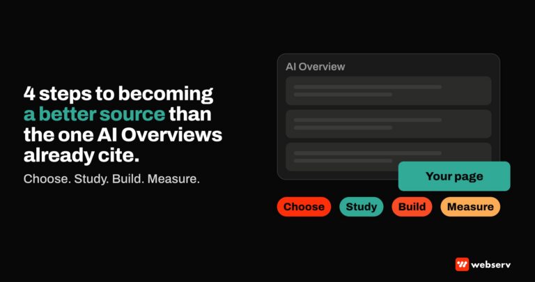 Featured graphic titled 4 steps to becoming a better source than the one AI Overviews already cite, showing an AI Overview panel with grey source cards and a green card labeled your page, above step chips for choose, study, build, and measure.
