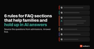 Featured image reading 6 rules for FAQ sections that help families and hold up in AI answers, beside a stack of six question rows with one expanded answer.