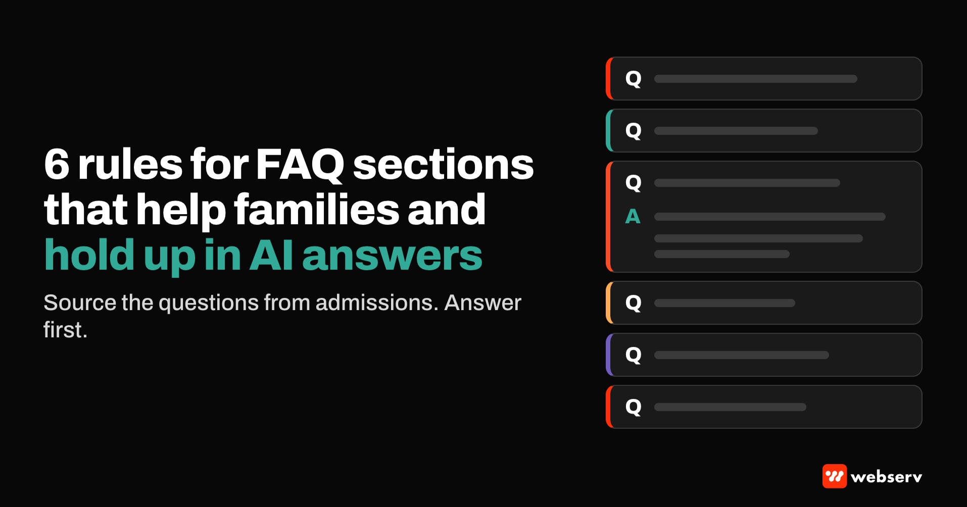 Featured image reading 6 rules for FAQ sections that help families and hold up in AI answers, beside a stack of six question rows with one expanded answer.
